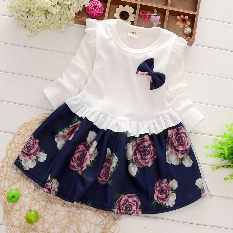 

BibiCola autumn spring baby girl warm dress new children girl clothes christmas party dresses kids clothes bow printing dress