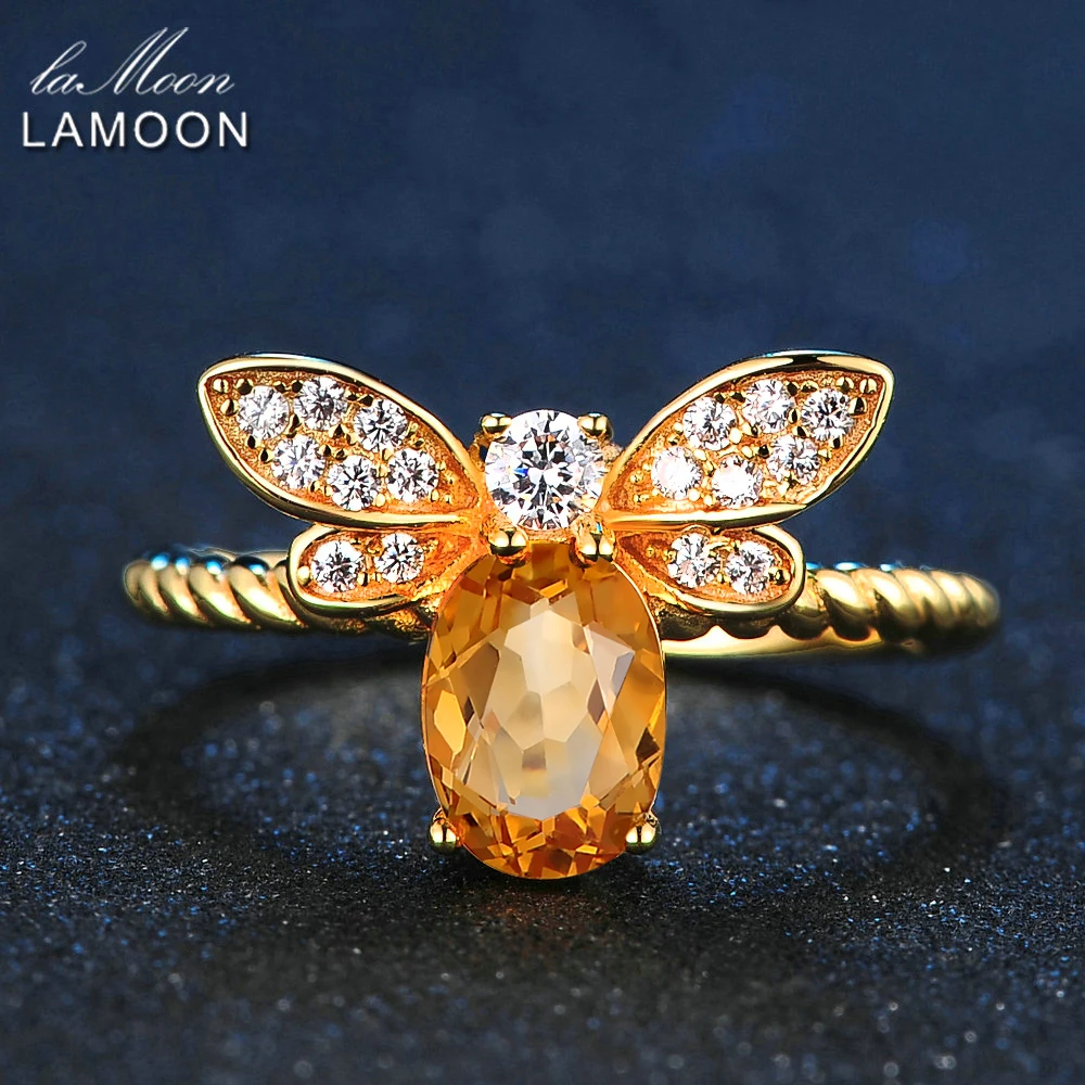 LAMOON Women Rings 925 Sterling Silver Fine Jewelry Animal Bee 5x7mm 1ct Natural Oval Citrine Wedding Ring Fashion Anillos Mujer
