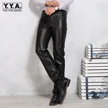 Бизнес овчины длинные брюки мужские Зимние флисовые подкладка Теплые черные мотоциклетные Брюки прямые ноги из натуральной кожи Pantalon Homme