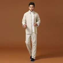 Бежевый для мужчин льняная куртка брюки кунг-фу наборы китайский Танг костюм одежда Размер S M L XL XXL XXXL Chaqueta Pantalone Mnt01C