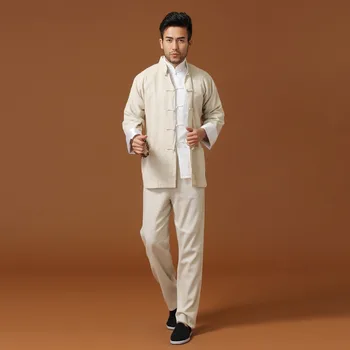 

Beige Men Linen Jacket Pants Kung Fu Sets China Tang Suit Clothing Size S M L XL XXL XXXL Chaqueta Pantalone Mnt01C