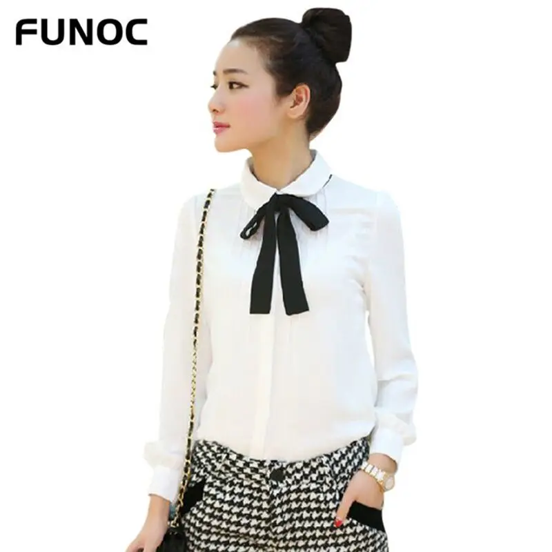 Aliexpress.com : Buy Fashion Women Elegant Bow Tie White Blouses ...