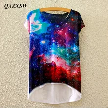 QAZXSW Новое поступление Женская футболка с 3D галактикой космический Принт футболка хлопок короткий рукав футболки женские повседневные рубашки YX2029