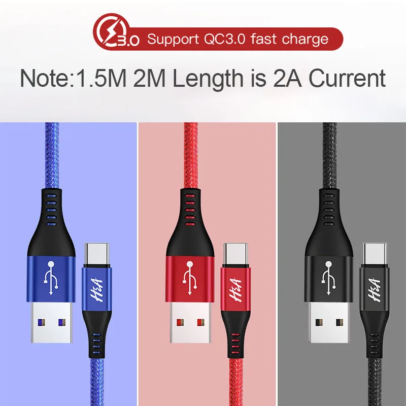 H & A USB نوع C كابل لسامسونج غالاكسي S9 S8 زائد Oneplus 6T سريع شحن USB-C شاحن الحبل المحمول الهاتف USBC نوع-C كابل