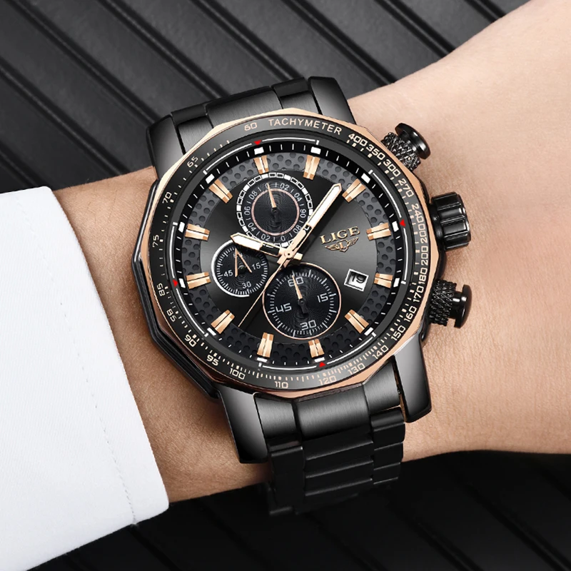 Relogio Masculino LIGE New Sport Chronograph Mens Watches Top Brand Luxury Full Steel Quartz Clock Waterproof Big Dial Watch Men