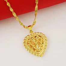 Luxury Wedding Necklace 24K Gold Filled Heart Charm Pendant Necklace for Women Fashion Jewelry Accessories pure 24k yellow gold pendant 3d craved hollow heart bracelet pendant 1g