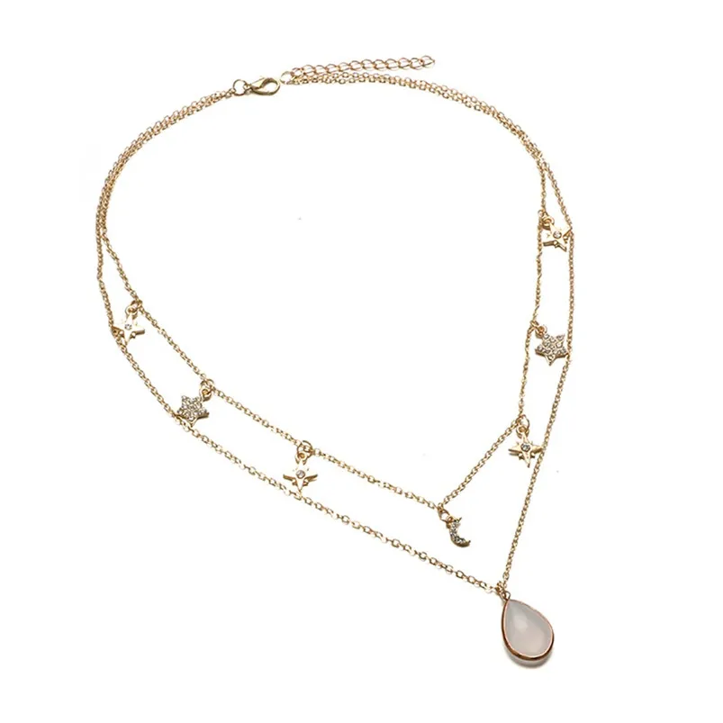 Fashion Simple Round Diamond Necklace Multi-layer Alloy Chain Clavicle Chain elliptical imitation gemstone necklace F13 (5)