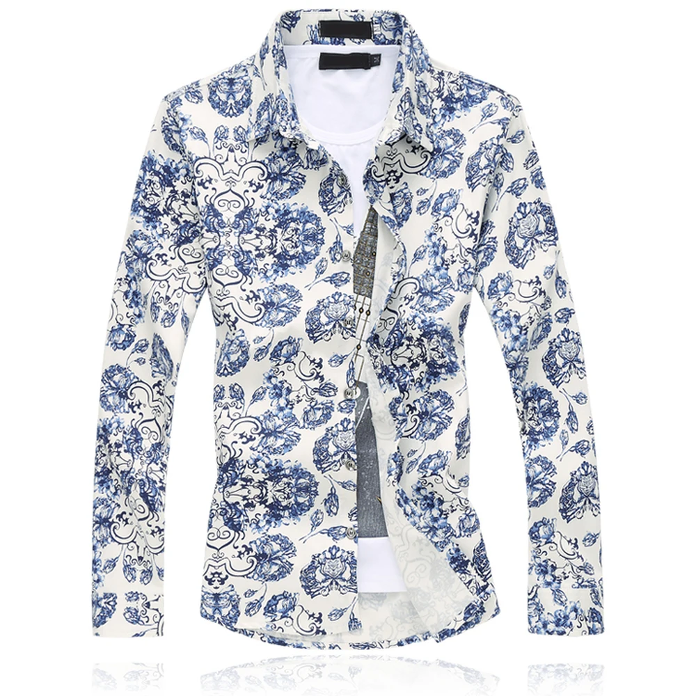 

2018 Autumn New Fashion Chinese style blue and white porcelain print Shirts Men Slim Casual Long Sleeve Asian Size Male Shirts