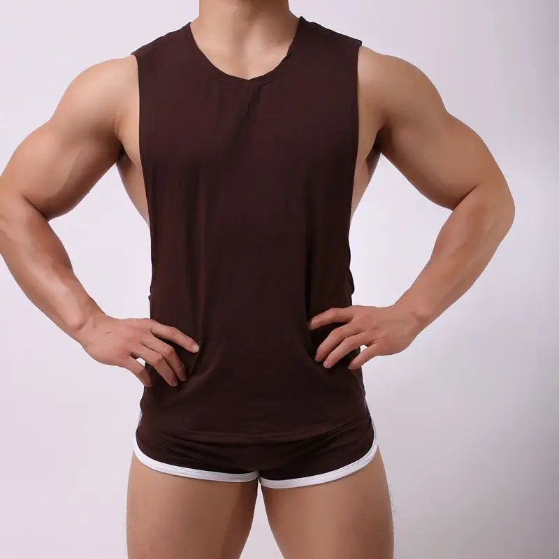 Mens Sexy Cotton Casual Tank Top Men Sleeveless Tops Bodybuilding Undershirts Gay Mens Low Cut Fashion Loose Vests+Boxers Sets
