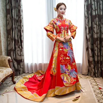 

Ancient Classic Floor Length Vestidos Chinese Bride Red Long Embroidery Phoenix Qipao Ancient Women Wedding Dress S M L XL XXL