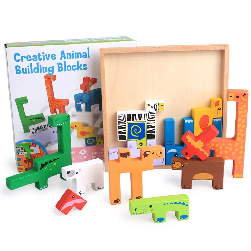 Животные строительные блоки головоломки Монтессори Творческий мультфильм карты доска детские деревянные блоки Дети обучения образовательные красочные игрушки