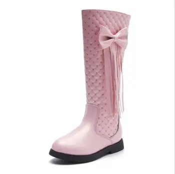 

Older kids snow boots 2019 children's waterproof Gaotong warm winter Bow fringed princess boots 26-39 large size girls shoes