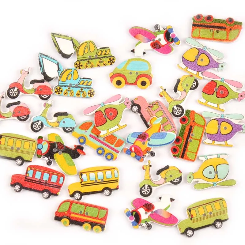 

25pcs Mixed Wooden Painted Cartoon Car Decorative Buttons For Crafts Scrapbooking DIY Sewing Kid Clothes Random 20-40mm M0448x