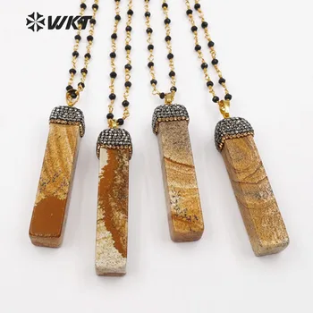 

WT-NV205 Wholesale Custom Design Natural Picasso stone Necklaces Wood color Pendants Rhinestone Pave black rosary chain
