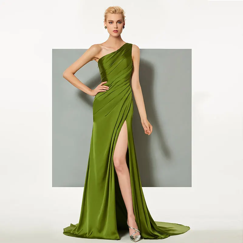 

Tanpell one shoulder evening dress pleats sleeveless split-front sweep train women prom custom formal mermaid evening dresses