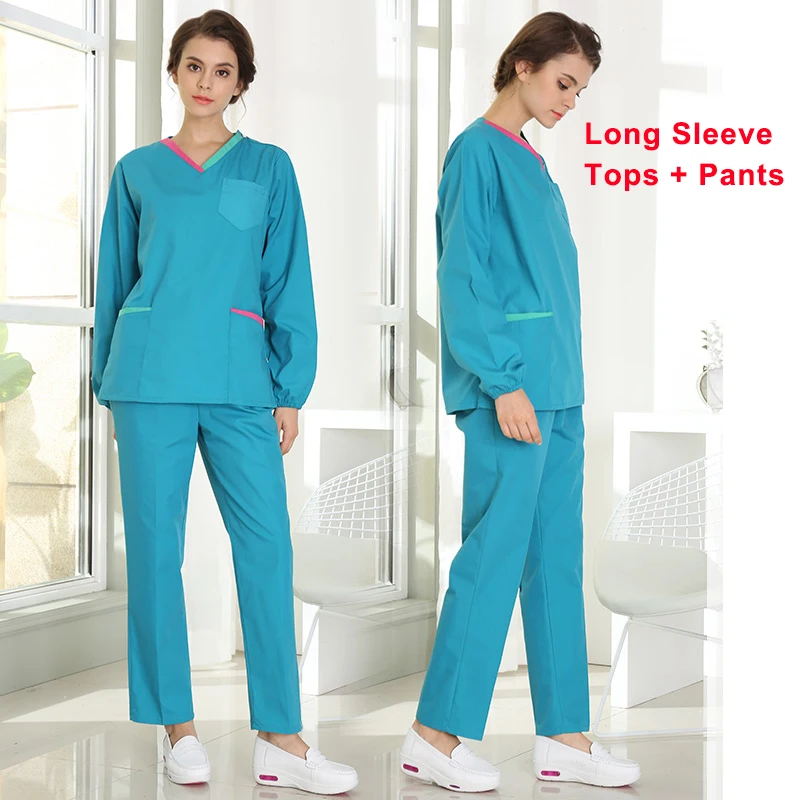 Женщины V шеи короткий рукав Больничная медицинская форма медсестры наборы Farmacia хирургическая медицинская одежда медицинская спецодежда Рабочая одежда - Цвет: longsleeve1