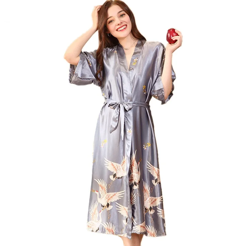 Satin Robes Casual Print Robe Sleepwear Silk Pajamas Casual Bathrobe