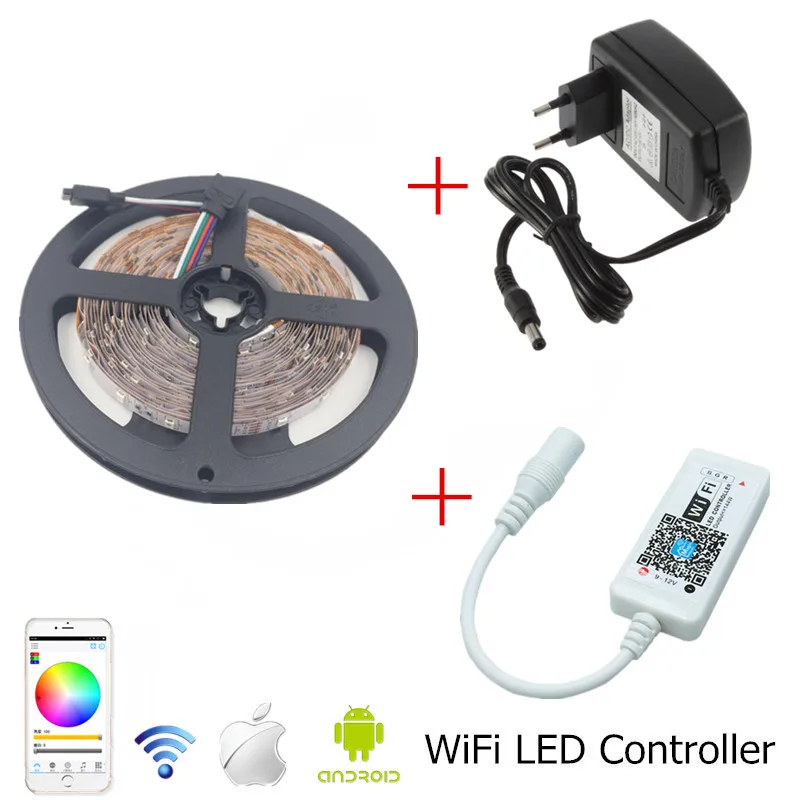 

Wifi RGB LED Strip Light 5m 10m 15m SMD 3528 Non waterproof Led Strip+Mini WiFi LED RGB Controller +12V 2A 3A 5A Power Supply