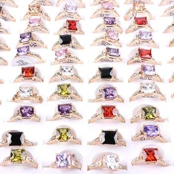 

QianBei Wholesale 20pcs Gold Color Stainless Steel Jewelry Luxury CZ Stone Ring for Women Square Zircon Charm Rhinestone Rings