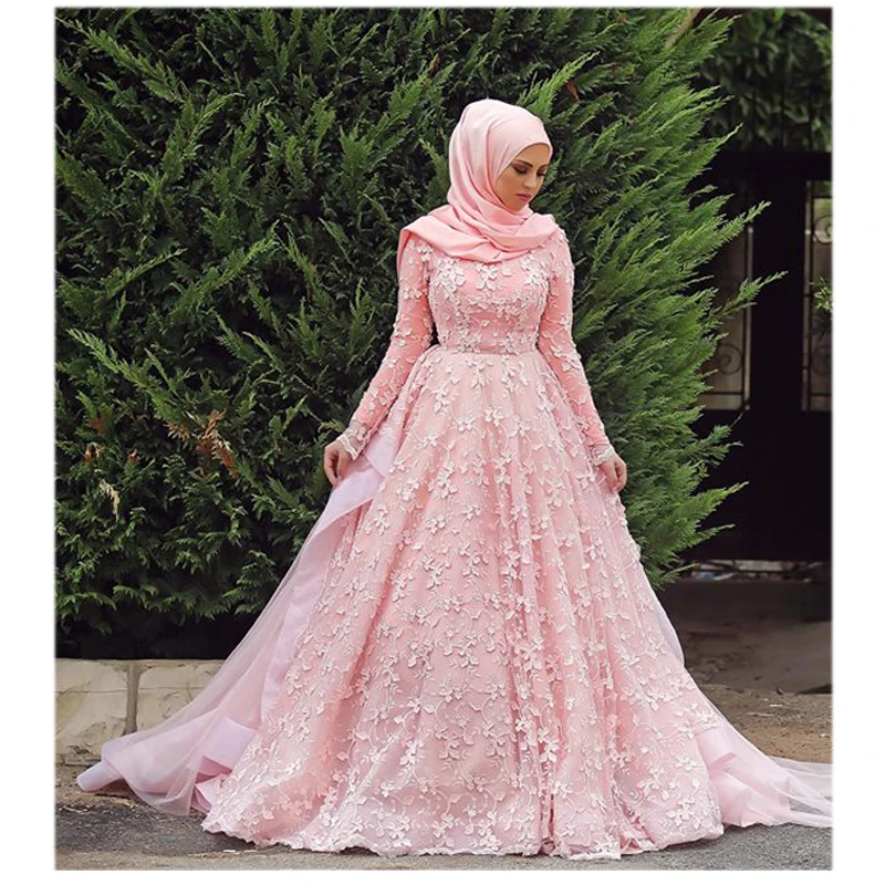 

Lakeydra Muslim A-Line Wedding Dresses Pink Lace High Neck Long Sleeves with Appliques Zipper Back Plus Size Long Bridal Gowns