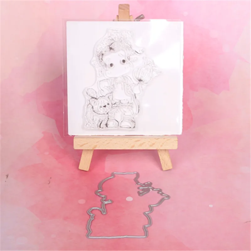 

Girl and cat Metal Cutting Dies or Transparent Clear Stamp for DIY Scrapbooking/photo album Decorative Card making