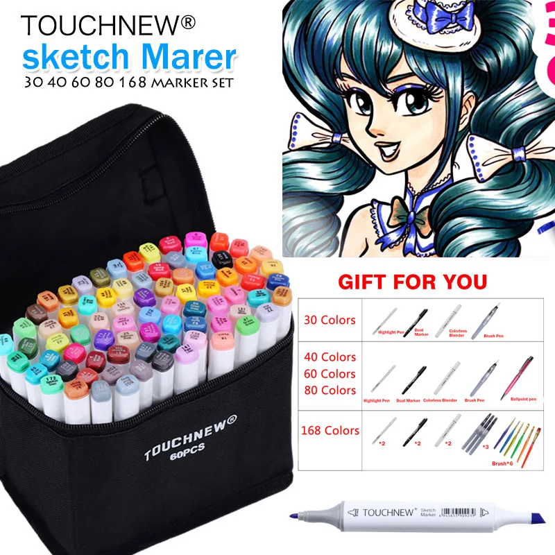 TOUCHNEW Art Marker 30/40/60/80 Colors Alcohol Based Ink Marker Set For Manga Dual Headed Art