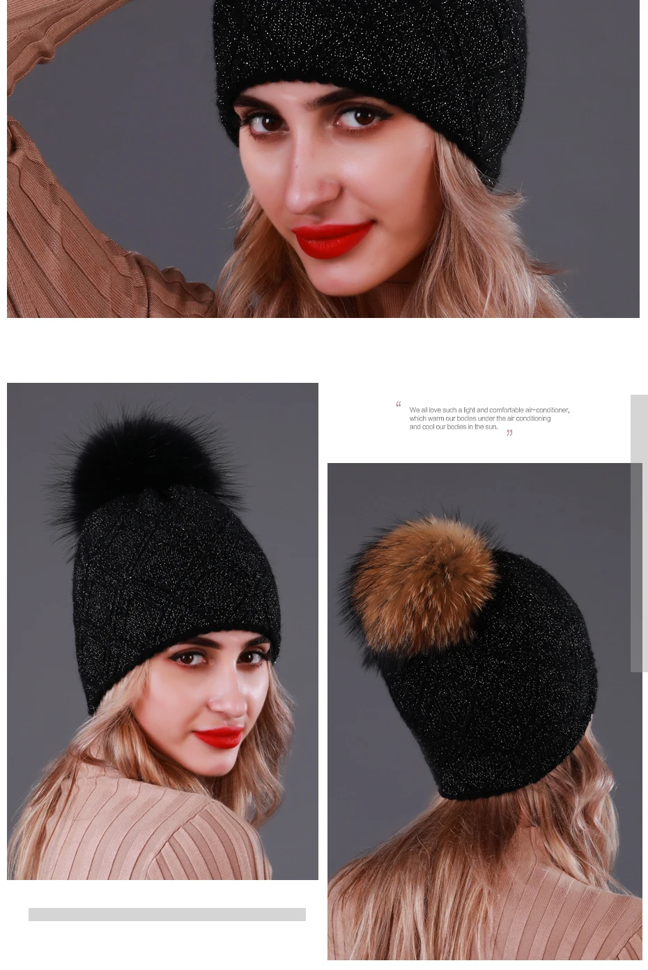 CNTANG, двухслойные женские шерстяные вязаные шапки с натуральным мехом енота, меховая шапка, зимние шапочки для женщин, модные теплые шапки