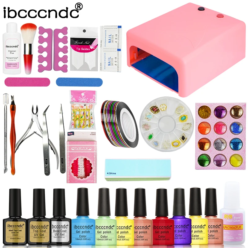 

Nail Art Set Manicure Tools Kit 36W UV Lamp + 8 Color 10ml Gel Polish Base Matte Top Coat UV Gel with Remover Glitters Decals