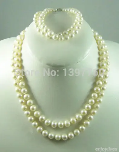 Miss charm Jew.54 2 Rows 8-9 mm Genuine White Pearl Gold Plated Clasp Necklace Bracelet set hot | Украшения и аксессуары