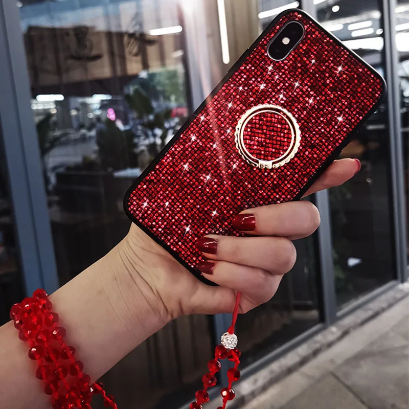 

For iphone X XR Max 6 6S 7 8 Cover Luxury Glitter Bling Bracket ring Gemstone lanyard For Samsung S8 S9 S10 Plus NOTE8 9 Case
