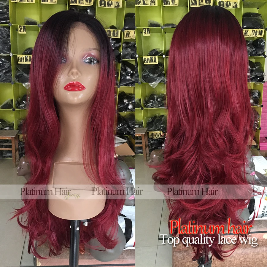 Ombre Wine Red Long Wave Synthetic Lace Front Wig Heat Resistant