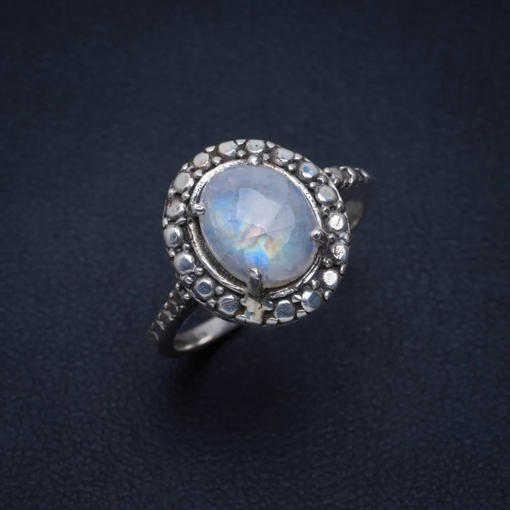 

Natural Rainbow Moonstone Handmade Unique 925 Sterling Silver Ring 8.5 A4061