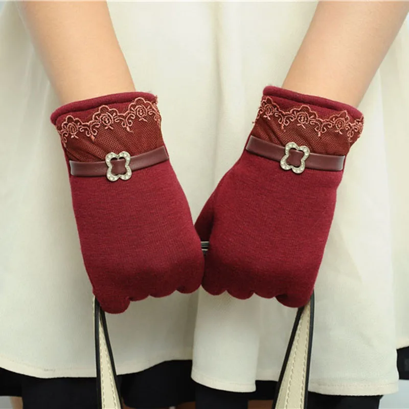 Женские зимние перчатки для сенсорного экрана кружевные перчатки теплые хлопковые варежки luvas de inverno - Цвет: wine red
