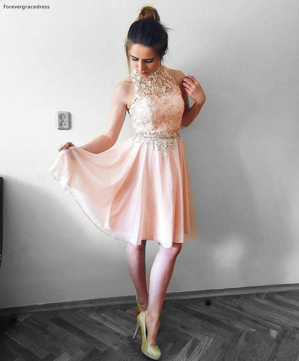 Lovely Blush Pink Homecoming Dresses A Line Halter Neck Lace Top Chiffon Mini Short Cocktail Dress Party Gowns Graduation Dress  89 (3)