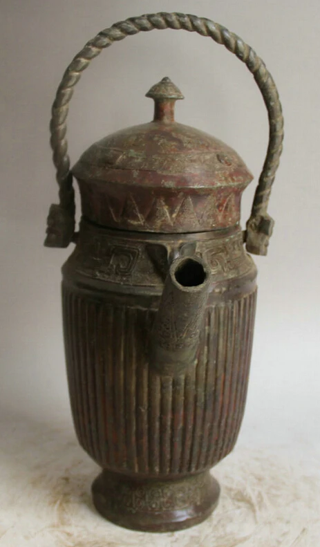 

S2176 15" Old Chinese Bronze Ware Water vessel portable teapot Wine Tea Pot Flagon D0318