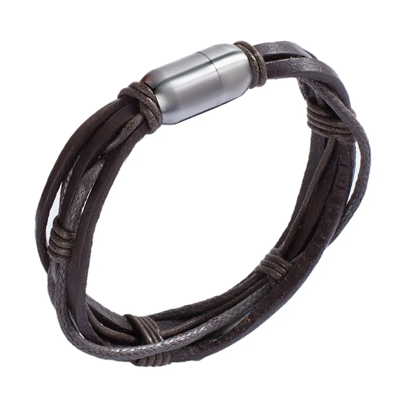 

Vintage Brown Leather Rope Bracelets Men Wrap Bracelets Bangles Punk Male Hand Chain Men Jewelry Magnetic Clasp Wrist Band PW739