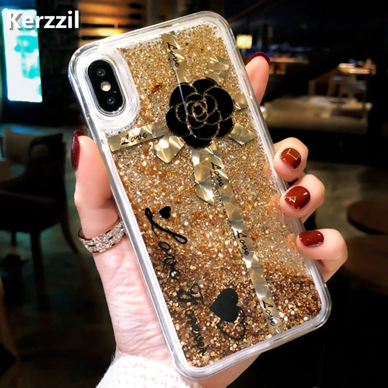 Kerzzil роскошный золотой блестящий зыбучий песок чехол для iPhone X 10 цветок Мягкий