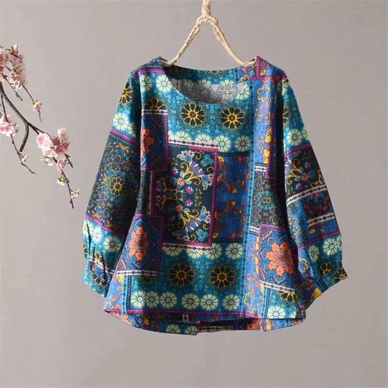

Gothic Vintage Women Tops Plus size 3/4 Puff Sleeve Loose Blouse O neck Ethnic Print Cotton Tees Ladies Clothes