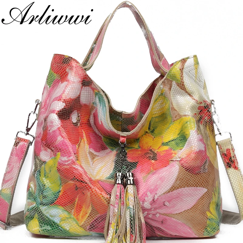 Arliwwi Brand Female Real Leather Shiny Flower Summer Women Tote Handbags New Lily Floral Lady Embossed Genuine Leather Bags