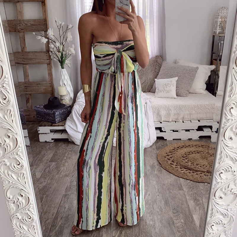 

Sexy Women Rainbow Colorful Print Sleeveless Casual Bandeau Lace Up Wide Leg Jumpsuit Hot Summer Beach Holiday Boho Jumpsuit