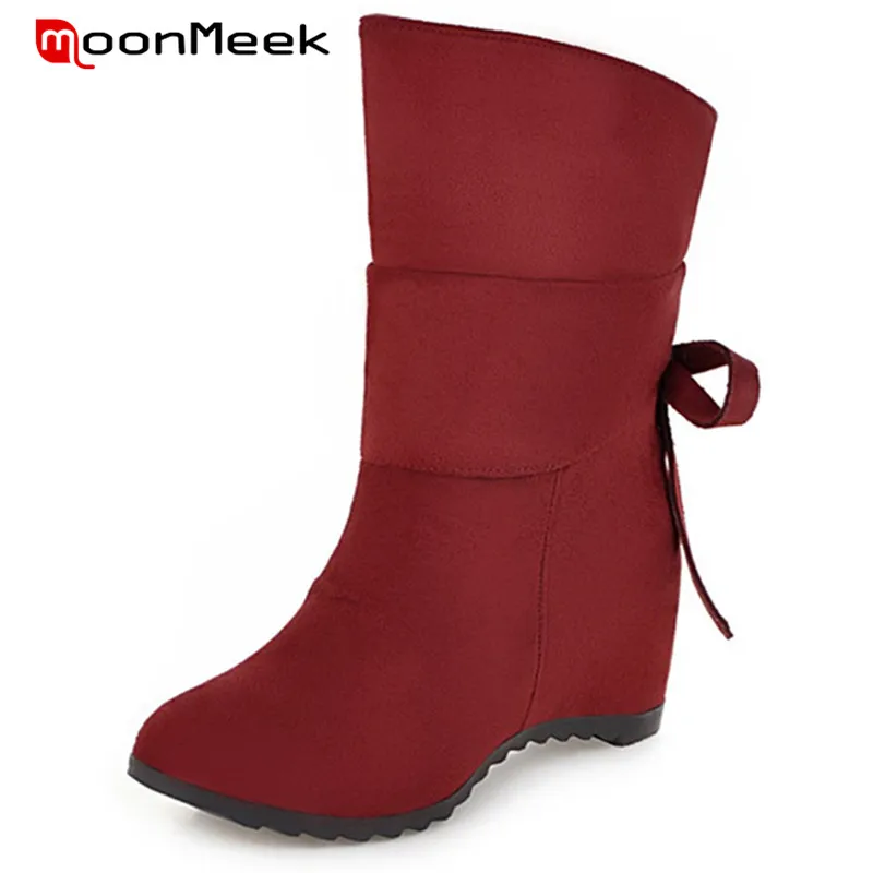 

MoonMeek NEW fashion 2018 winter keep warm flock woman boots high heels ankle boots internal increase boots large size shoes