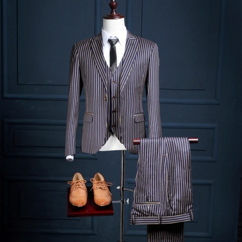 

NA26 Design Blue With White Stripe Stage Performance Formal Male Slim Fit Custom Made Tuxedo Costume 3 Piece Jacket Vest Pants