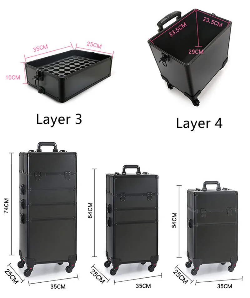 Бренд Алюминий рамка 4 слоя тележка макияж окно Красота корпус с колесом Профессиональный Макияж чемодан Макияж Универсальный колеса