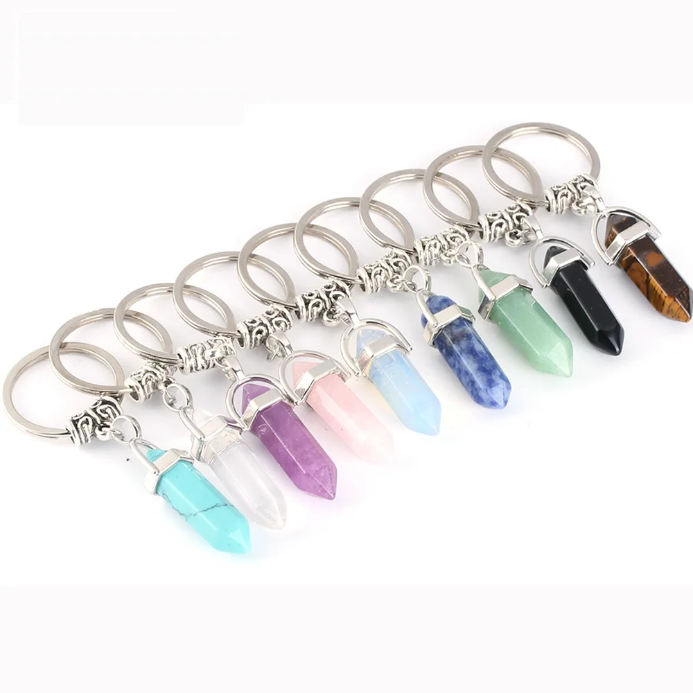 

1 PC Fashion Natural Stone Pendant Keychain Natural Quartz Stone Pendant Key Rings Pink Crystal Key Chains Accessories dropship