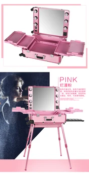 

Pink LED YELLOW Light Rolling Studio Makeup Artist Cosmetic Case With Light Mirror Train Table Beauty Case with Bulbs