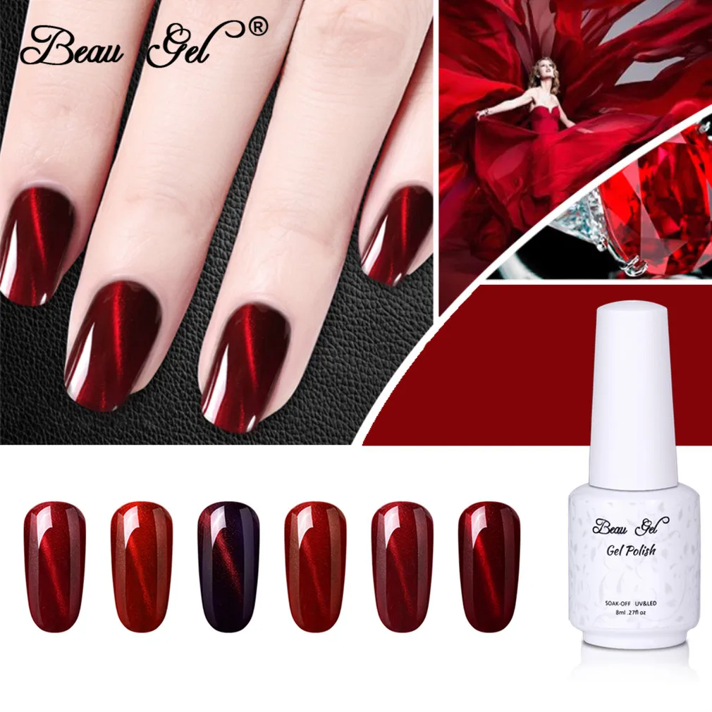 

Beau Gel 8ml Wine Red Cat Eye Gel Varnish Soak Off Semi Permanent UV Gel Nail Polish Hybrid Varnish Magnetic Gel Polish Lacquer