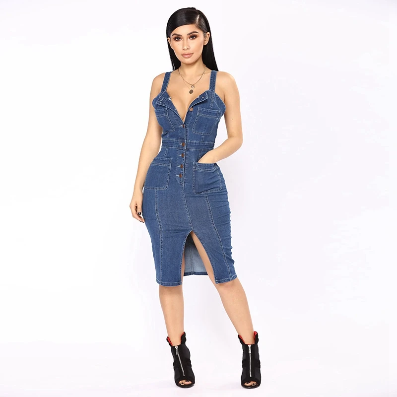 

Backless Bodycon Midi Dress Women Spring summer off shoulder Vestidos 2020 with Pocket Button Jeans Dress Sexy Split Denim Dress