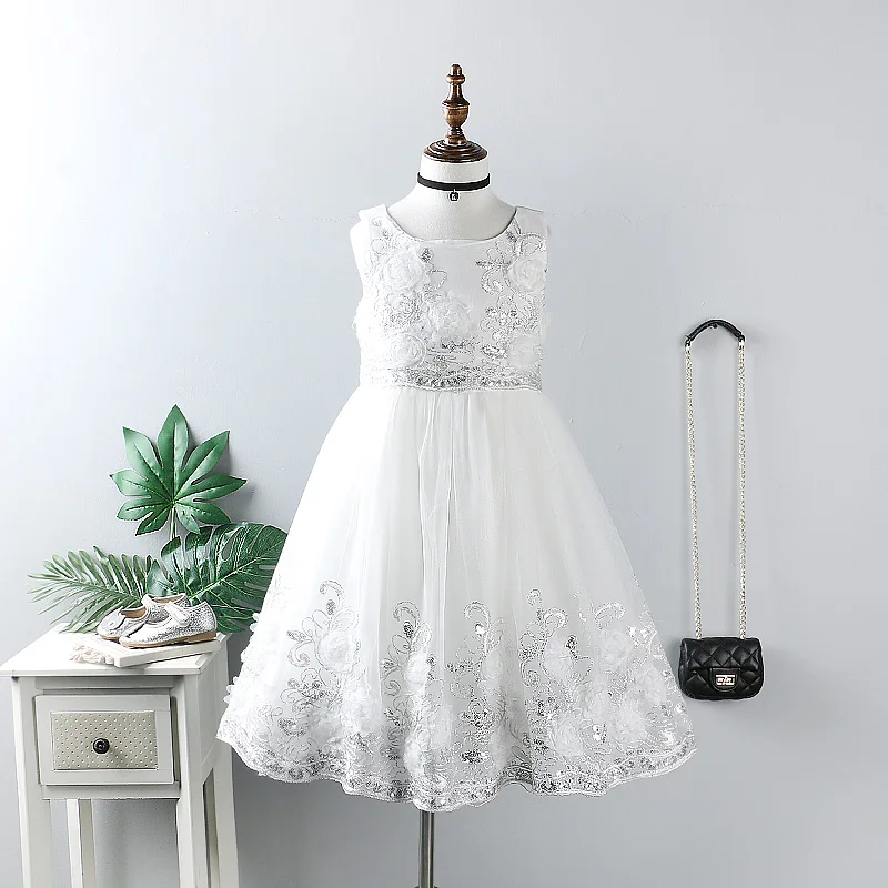 

Hurave embroidery flower solid mesh princess dresses baby Girl clothes Children Summer sleeveless tutu dress Kids Clothes
