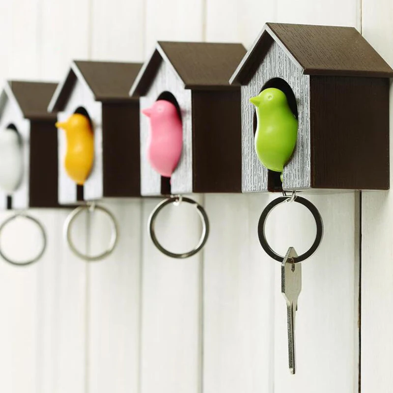 

Double Bird Nest Sparrow House Key Chain Ring Wall Hooks Practical Keys Hanger Creative Cartoon Whistle Keyring Storage Holders