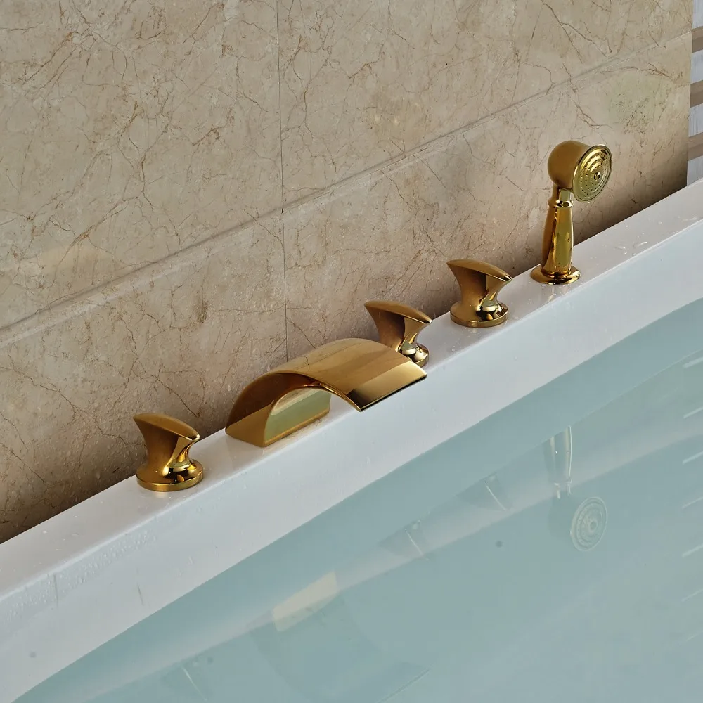 

Deck Mounted Bathtub Faucet Widespread 5pcs Mixer Tap With Hand Shower Gold Finished